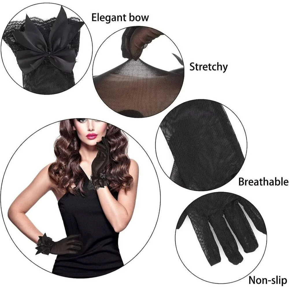 Women's Embellished Satin Black Pearl Bow Gloves Elegant Finger Accessory